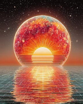 Vertical futuristic digital art featuring a geometric sunset with reflective water manifesting cosmic ambiance and abstract symbolism for technology and innovation themes