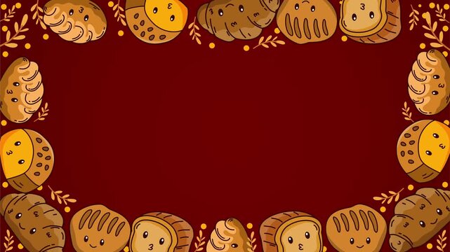 cute cartoon bread and bakery frame on dark red background