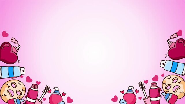 cute pink makeup and cosmetic beauty border with heart shapes