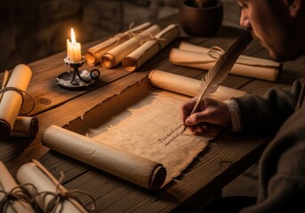 Fototapeta premium Old parchment scrolls and a candle on a wooden table