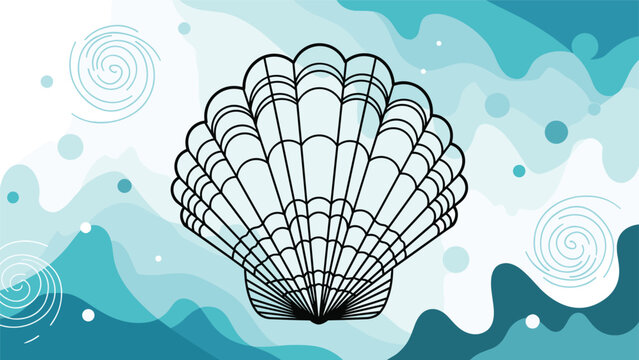 Stylized line drawing of a scallop seashell centered over an abstract background of blue and white waves and swirls.