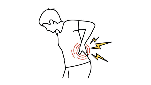 Mature man suffering from severe lower back pain and spinal discomfort shown by orange energy flashes on white background.