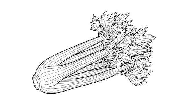 Black and white botanical illustration of a bunch of fresh celery stalks with leaves for use in culinary guides or coloring books.