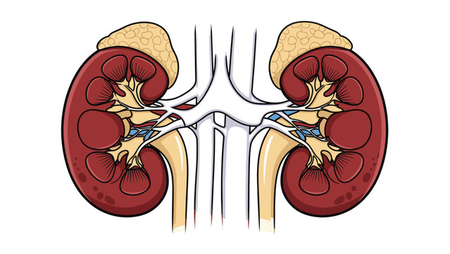 Detailed anatomical diagram of human kidneys including adrenal glands and internal structures such as cortex and medulla for medical study.