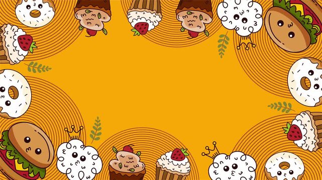 cute fast food and snack frame on orange circle background