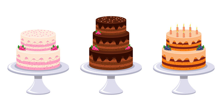 Three celebratory cakes displayed on pedestals, each uniquely decorated.