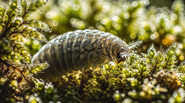 Close-up of a fascinating terrestrial isopod, also known as a woodlouse, navigating through a mossy, green, and vibrant natural environment, showcasing its segmented body and antennae