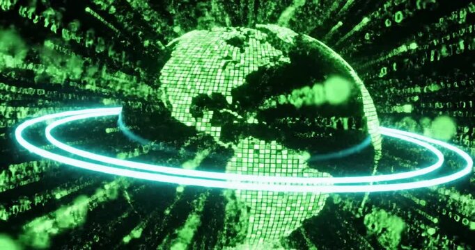 Digital globe with glowing green continents and orbiting rings against a dark background