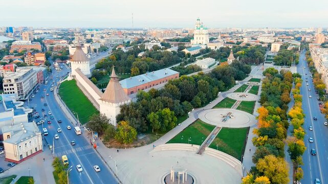 Astrakhan, Russia. Cathedral of the Assumption of the Blessed Virgin. Astrakhan Kremlin during sunset. Drone footage