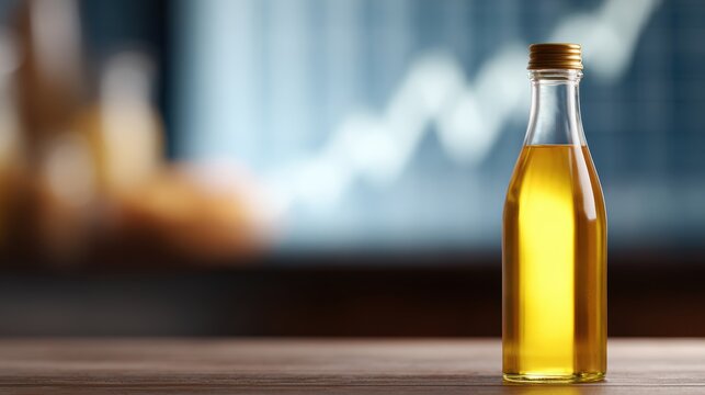 Cooking oil bottle on wooden table with television news background and rising index graph overlay, food inflation concept