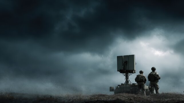 Soldiers deploying tactical electronic warfare equipment on battlefield, portable signal disruption devices, dramatic overcast sky, modern military technology scene