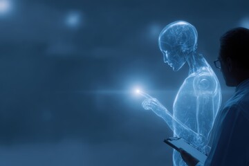 Fototapeta premium humanoid AI hologram sharing knowledge with human researcher in futuristic environment, advanced intelligence concept