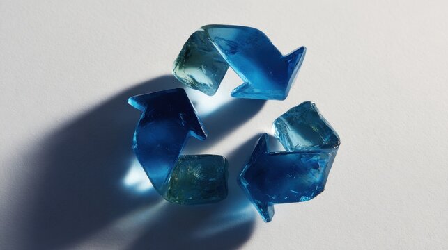 Shimmering blue ice cubes forming a recycling symbol on light surface