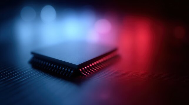 US China tech war concept, split semiconductor chip with opposing red and blue lighting, microchip circuitry details, digital trade conflict symbolism, futuristic technology background