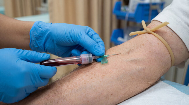 Healthcare professional performing a venipuncture, collecting blood sample from patient arm using butterfly needle for laboratory diagnostic testing