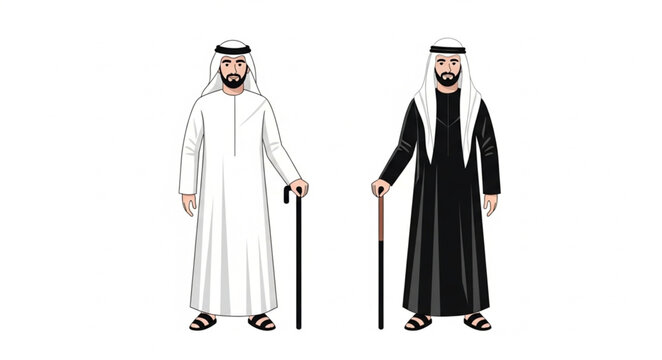 Two men in traditional Arab attire with walking sticks.