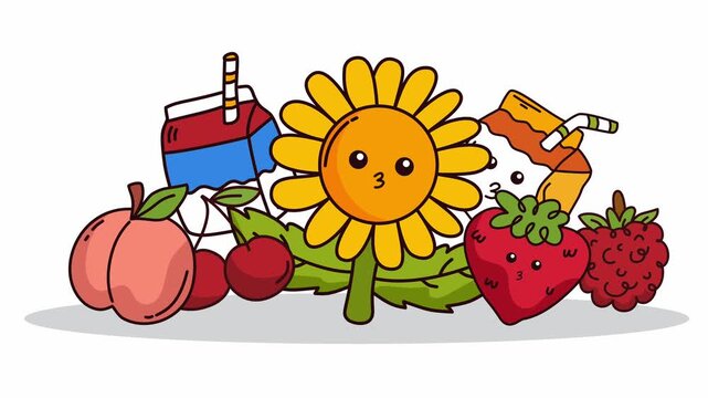 happy sunflower and fresh fruit characters on white floor surface