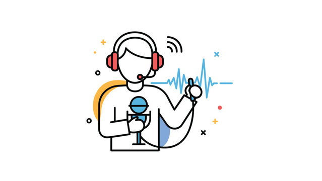 Modern icon style illustration of a broadcaster or podcaster wearing a headset and speaking into a professional studio microphone.