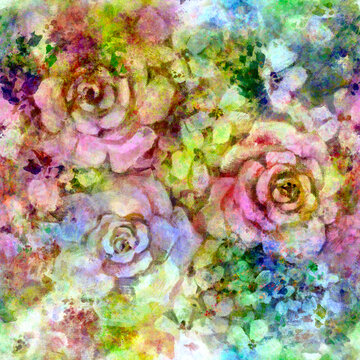 Bright bouquet of garden roses Seamless pattern of floral layered blurred flowers Wedding and holiday design Vibrant shades of pink, yellow, green, blue, purple, rainbow tones