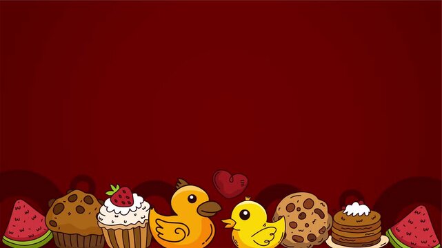 cute food and animal characters on dark red background base