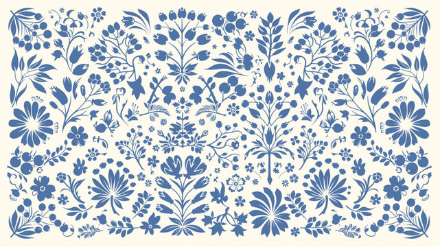 Blue and white floral pattern inspired by traditional polish folk art