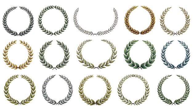 A collection of 14 laurel wreaths in various metallic colors