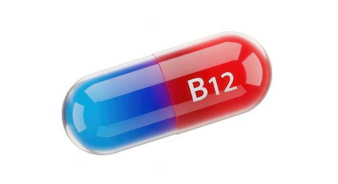 Vibrant B12 vitamin capsule symbolizing energy and wellness support on a white background