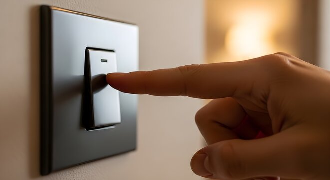A hand presses a dimmer switch on a wall in a room.
