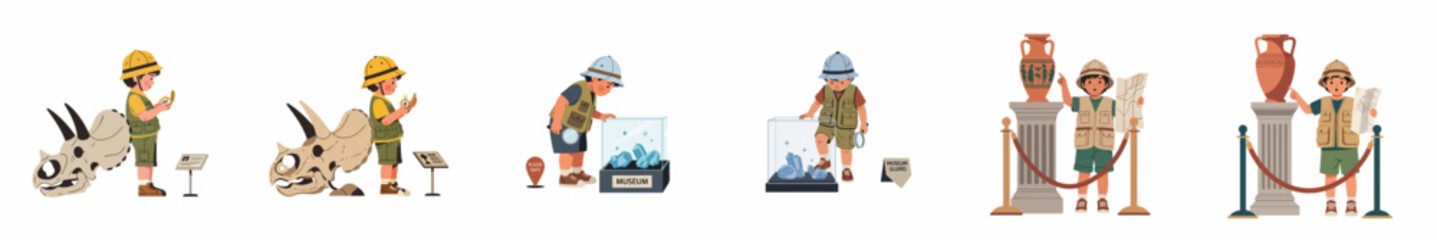 Cartoon illustrations of a curious young boy in an explorer outfit visiting various museum exhibits including fossils, minerals, and ancient artifacts. © Nadhirotul