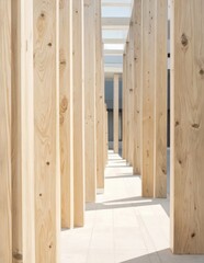 Fototapeta premium A symmetrical arrangement of wooden pillars creates a striking architectural corridor bathed in natural light.
