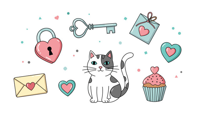 Love and romance doodles featuring a cute spotted cat heart shaped lock key gift envelope cupcake and festive decorative elements for cards.