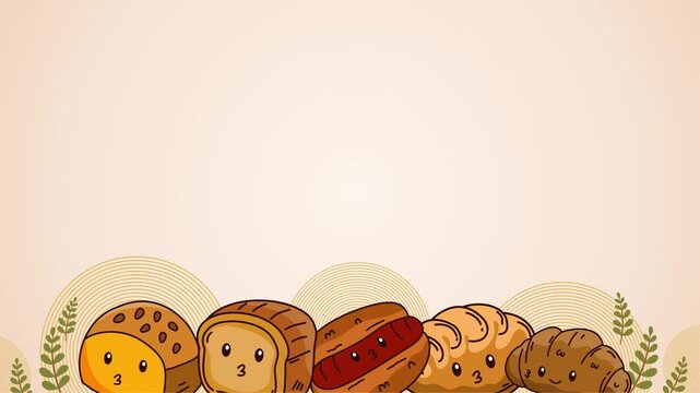 variety of cute bread and bakery items on beige background