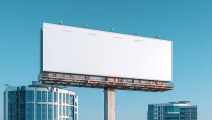 Obraz premium A large, blank billboard stands prominently above a modern cityscape under a clear blue sky, offering a space for advertising and visual communication.