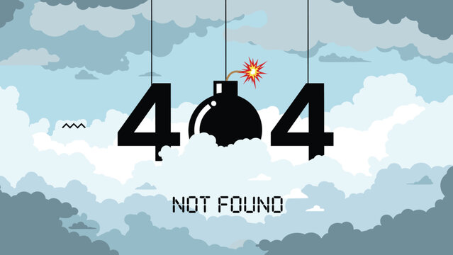 Error 404 page not found design with a lit bomb character among dark and light clouds for website maintenance and technical issues.