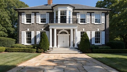 Fototapeta premium Two-story colonial house with white trim and symmetrical
