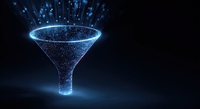 Glowing blue particles funneling through an abstract digital funnel