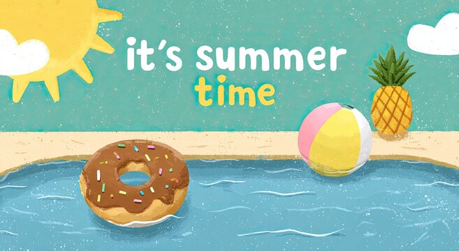 A vibrant illustration depicts a cheerful summer scene with a donut float, beach ball, pineapple, sun, and clouds, conveying a sense of relaxation and enjoyment.