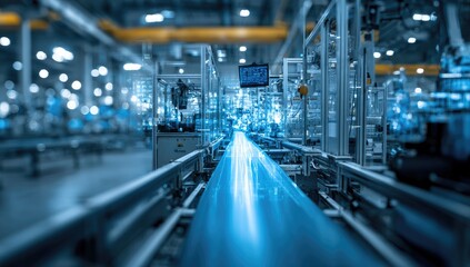 Fototapeta premium A long, brightly lit conveyor belt stretches into the depths of a modern industrial factory, showcasing automated production processes and advanced technology.