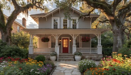 Obraz premium Charming craftsman-style house with red door and wide front porch