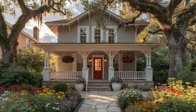 Charming craftsman-style house with red door and wide front porch