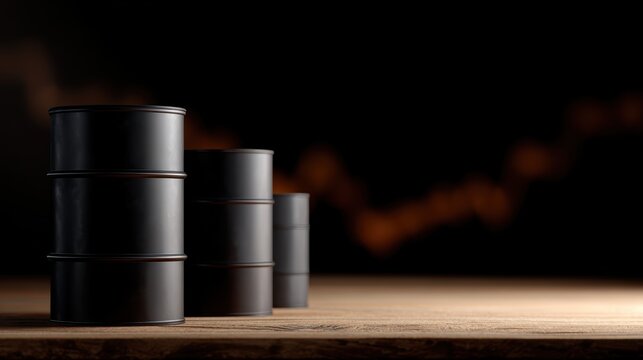Three black oil barrels on wooden platform with glowing orange stock chart, fluctuating oil prices concept