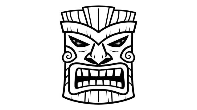 Minimalist black line vector icon illustration of a hand-drawn carved tiki mask on a white background, representing traditional Polynesian tribal art, scalable outline graphic for tropical design.