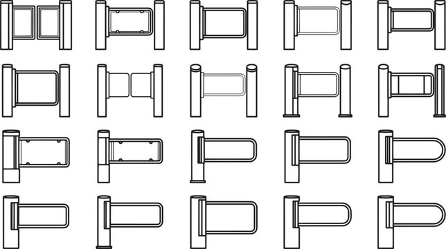 Array of turnstiles. The array contains different design turnstiles. Capturing the simplicity and functionality of entry systems.