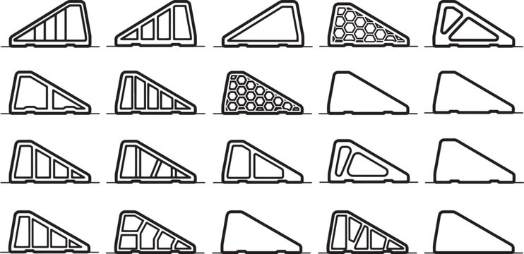 A collection of various ramps, expertly rendered in a detailed and clear black and white graphic design, showcasing diverse structural forms.