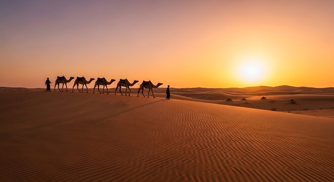 Bedouin camel drivers guide a long caravan of majestic dromedary camels across the vast sandy dunes of the arabian desert during a peaceful golden hour sunset scene that highlights the traditional nom