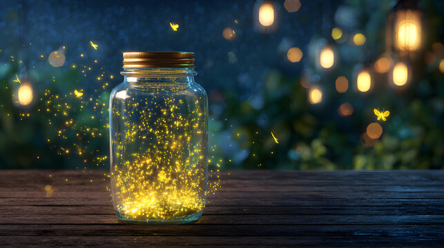 Cinematic bokeh lighting illustration of a glass jar trapping a swirl of magical fireflies on a wooden table during a serene summer night with enchanting forest lights, a fantasy background for storyt
