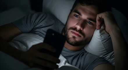 Fototapeta premium Man lying on bed at night looking at smartphone screen