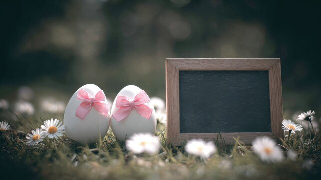 Decorative Easter eggs with bows beside a wooden-framed chalkboard in blooming meadow