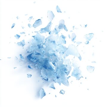 Abstract blue ice crash explosion fragments isolated on white background, dynamic frozen shards
