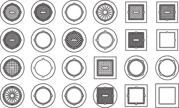 A collection of intricate manhole cover designs showcased in a clean, minimalist style. Explore the diverse aesthetics and patterns.